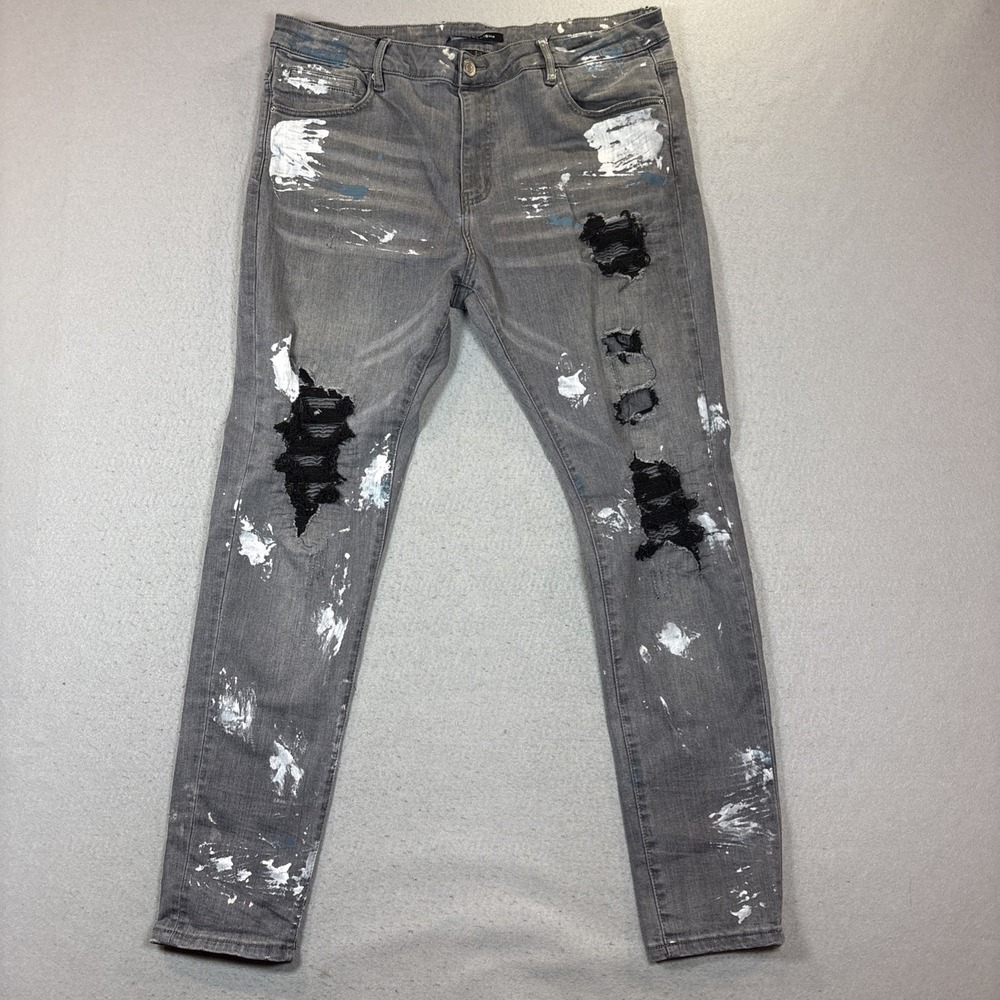 Embellish Men's Gray Paint Splash Distressed Tapered Biker Denim Jeans Size 40